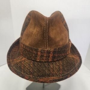 Vintage Wolverine Fitted Fedora Hat Size 7 1/4 Feather accent Brown Plaid